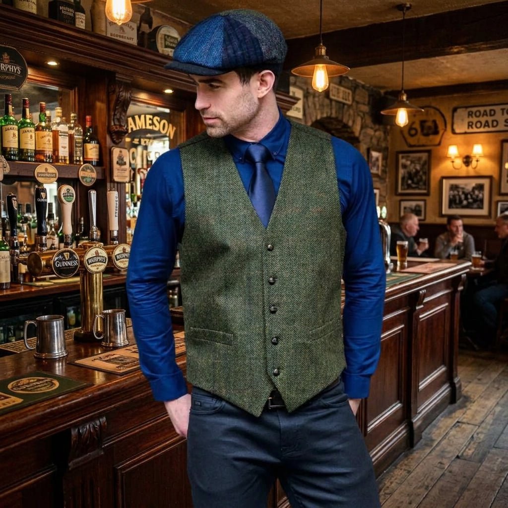 Mucros Weavers Tweed Waistcoat - Dark Green Herringbone by Mucros Weavers - Waistcoat