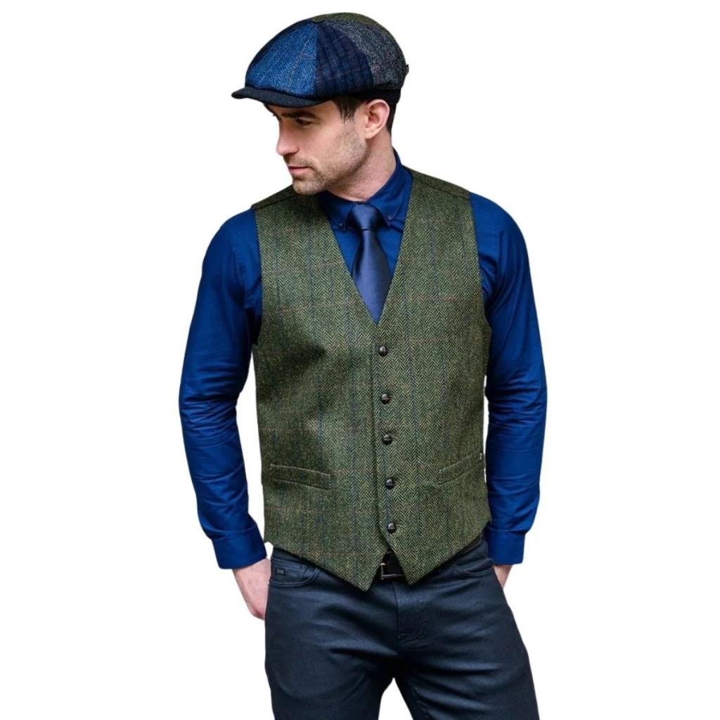 Mucros Weavers Tweed Waistcoat - Dark Green Herringbone by Mucros Weavers - Waistcoat