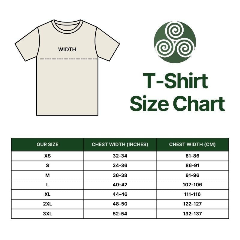 T-shirt size chart with measurements and a brand logo on a white background
