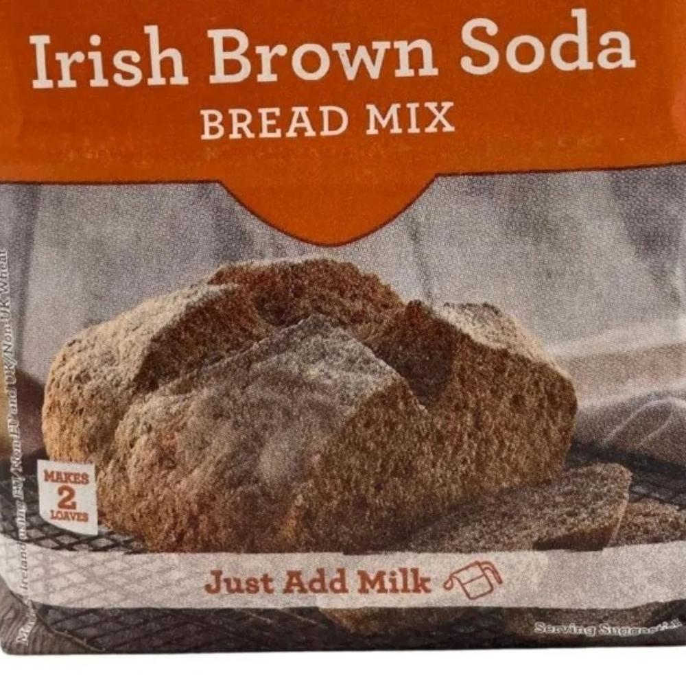 Irish Brown Soda Bread Mix packaging with a loaf of bread on a gray background