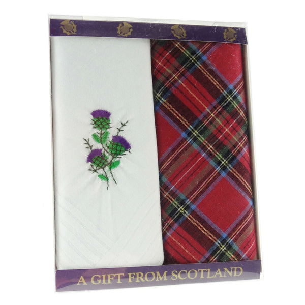 Pack of 2 Handkerchiefs with 1 Tartan and 1 Embroidered Thistle - The Celtic Gift Store - Apparel & Accessories