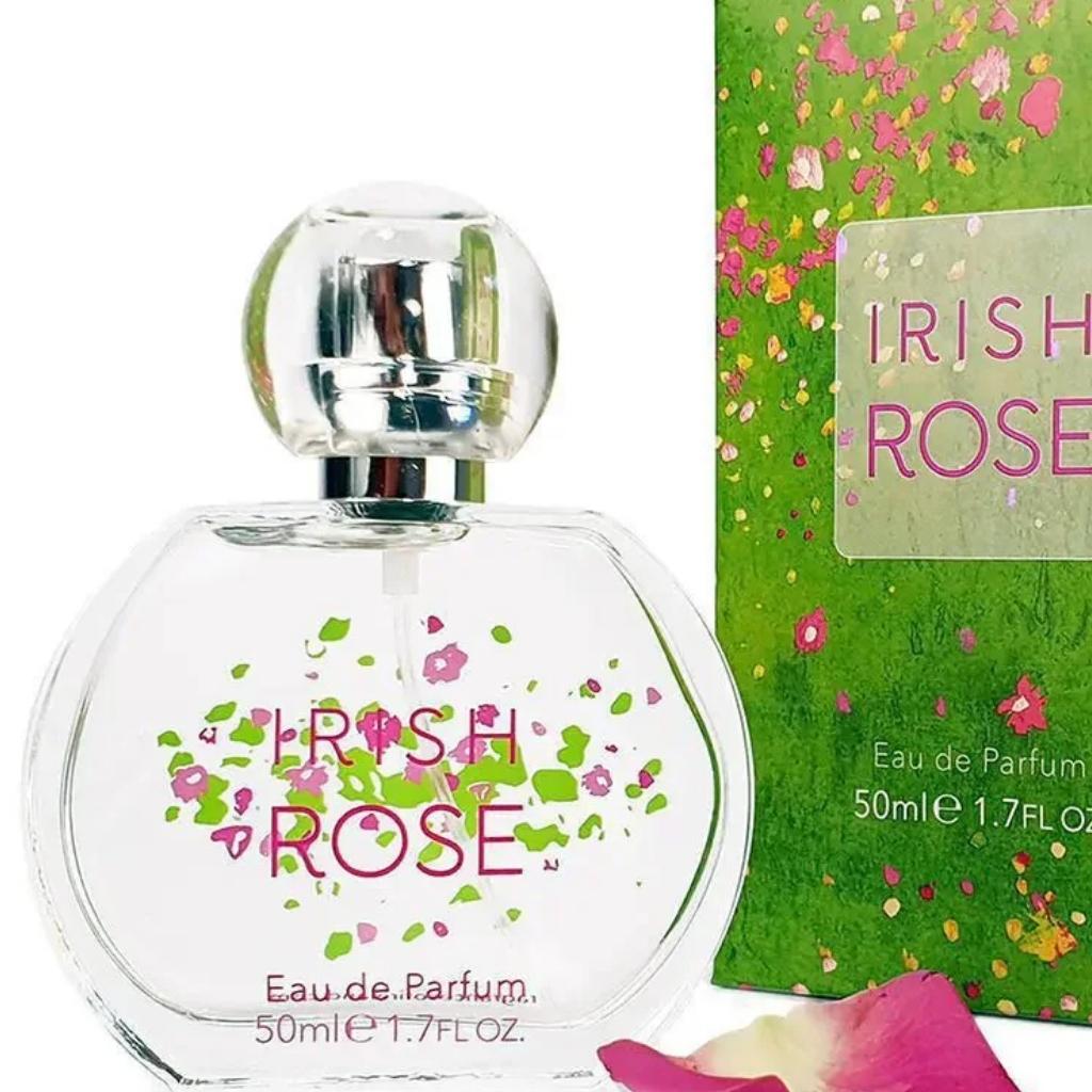 Powerscourt Garden Irish Floral Rose perfume bottle (50ml/1.7oz) with pink petals and green packaging.
