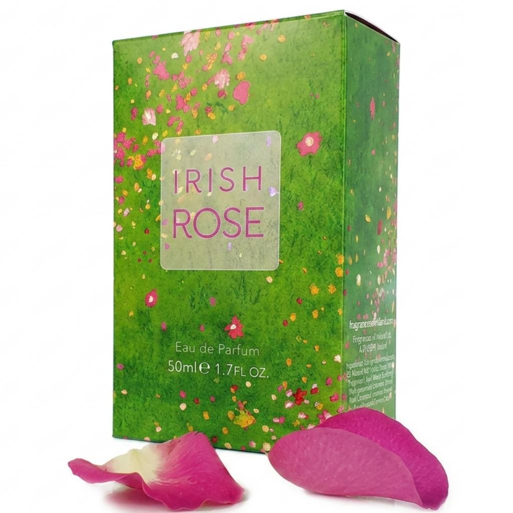Powerscourt Garden Irish Floral Rose Perfume 1.7 oz box with green floral packaging and pink petals.