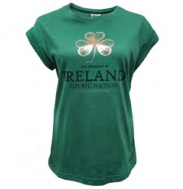 Republic of Ireland Gold Foil Shamrock Green Ladies T-Shirt - The Celtic Gift Store - Clothing
