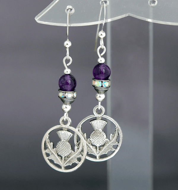 Scotland's Pride Thistle with Rhinestones and Amethyst Earrings - The Celtic Gift Store - Earrings