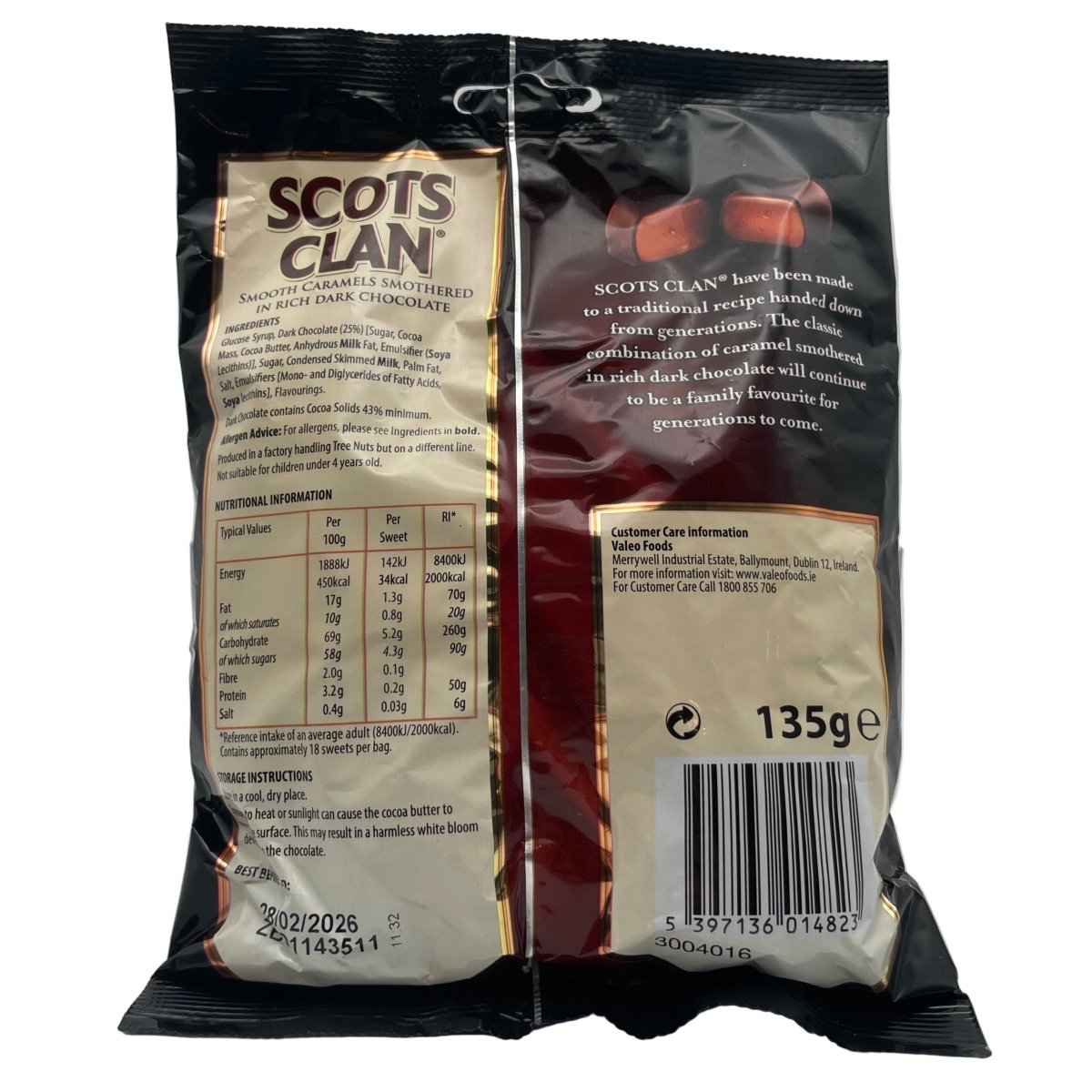 Scotts Clan chocolate bar packaging with nutritional information and branding details.