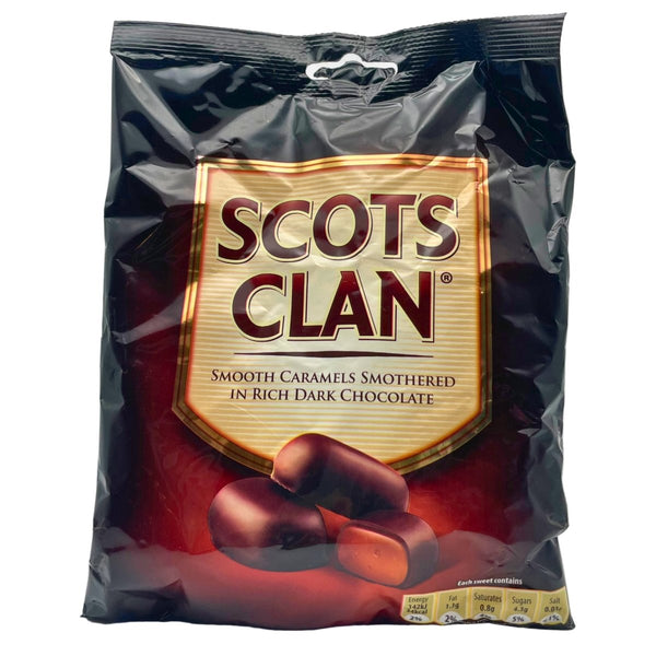 Packaging of Scots Clan caramels with a gold label on a white background