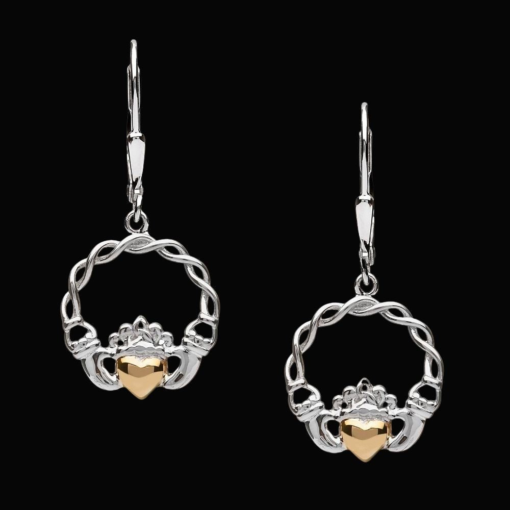 Sterling Silver 10k Gold Claddagh Drop Earrings