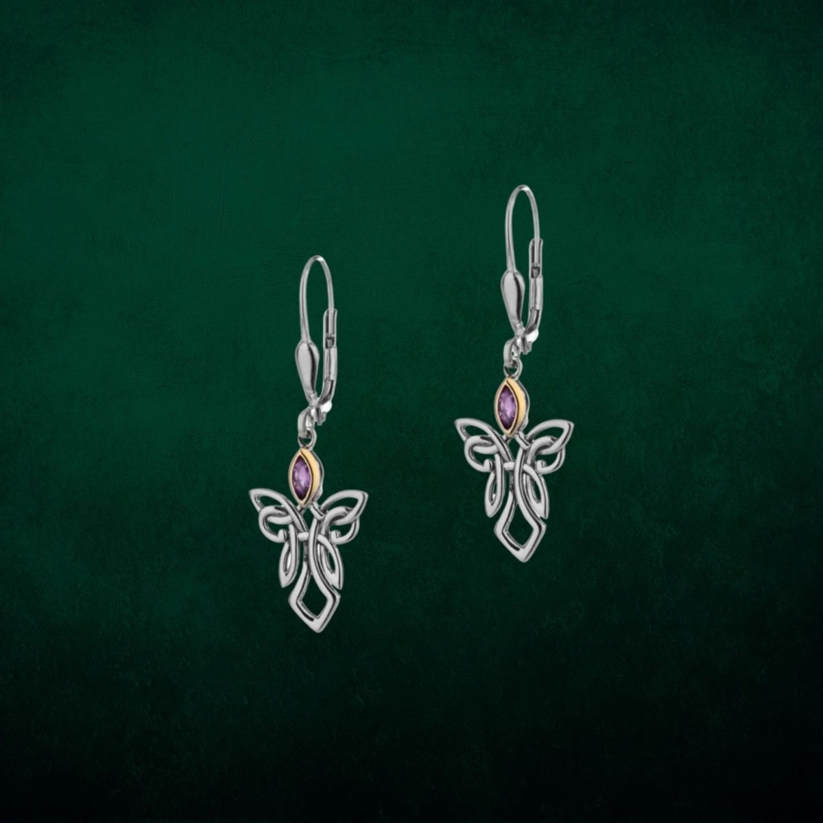 Sterling Silver and 10k Gold Celtic Guardian Angel Earrings - Amethyst - The Celtic Gift Store - Earrings