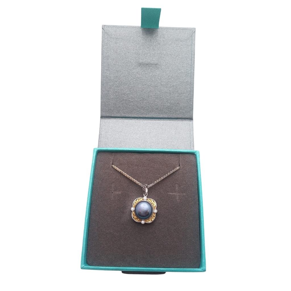 Sterling Silver and 10k Gold Celtic Knot Peacock Pearl Necklace