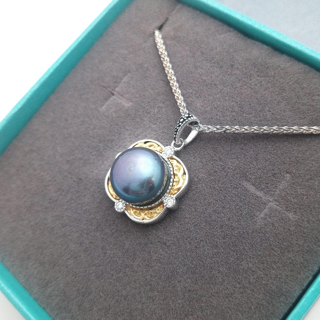 Sterling Silver and 10k Gold Celtic Knot Peacock Pearl Necklace