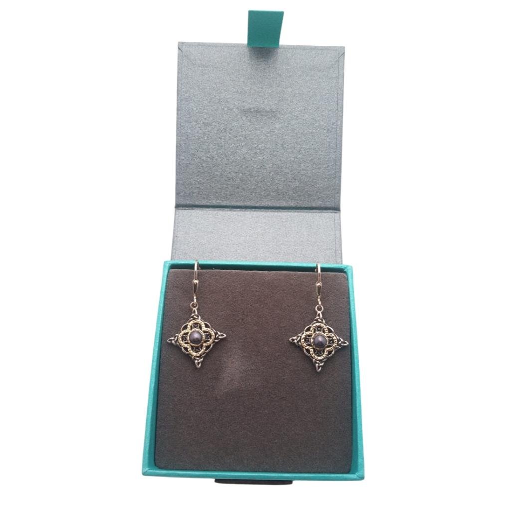 Sterling Silver and 10k Gold Celtic Star Peacock Pearl Earrings