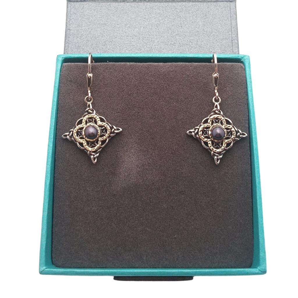 Sterling Silver and 10k Gold Celtic Star Peacock Pearl Earrings