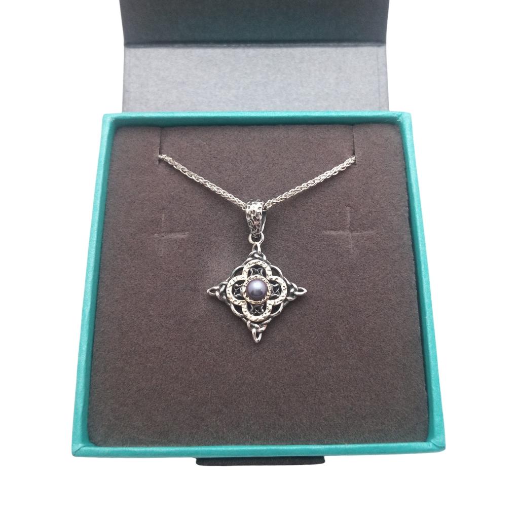 Sterling Silver and 10k Gold Celtic Star Peacock Pearl Necklace