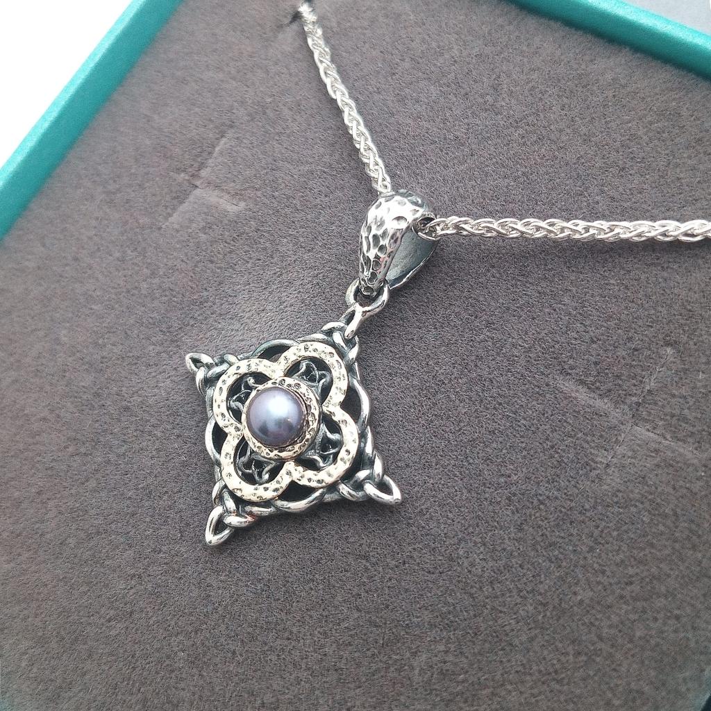 Sterling Silver and 10k Gold Celtic Star Peacock Pearl Necklace