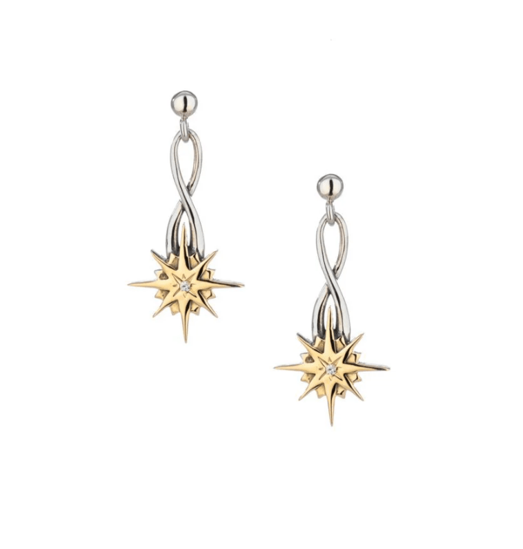 Sterling Silver and 10k Gold Falling Star Earrings with White Sapphire - The Celtic Gift Store - Earrings