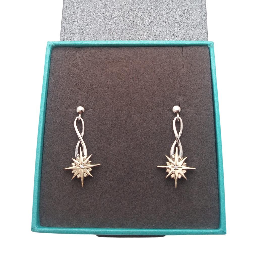 Sterling Silver and 10k Gold Falling Star Earrings with White Sapphire