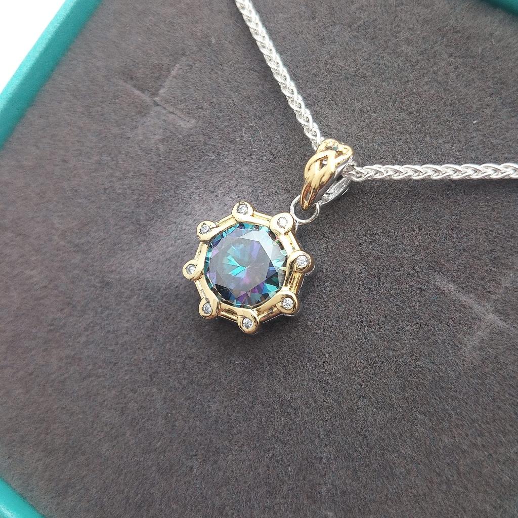 Sterling Silver and 23k Gold Celestial Necklace with Blue Moissanite