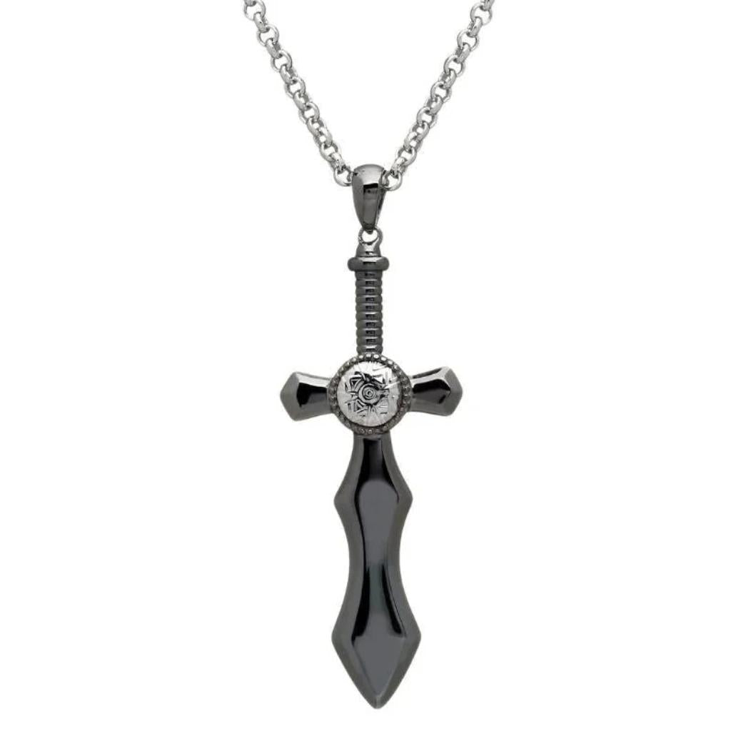 Sterling Silver and Black Rhodium Nuada Sword Necklace- Large