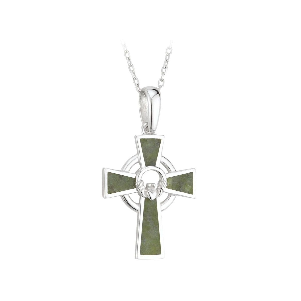 Sterling Silver and Connemara Marble Claddagh Celtic Cross