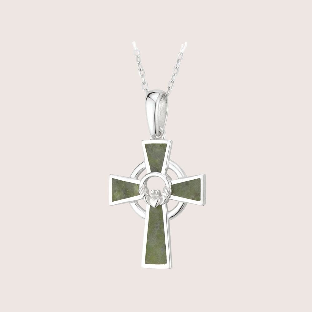 Sterling Silver and Connemara Marble Claddagh Celtic Cross