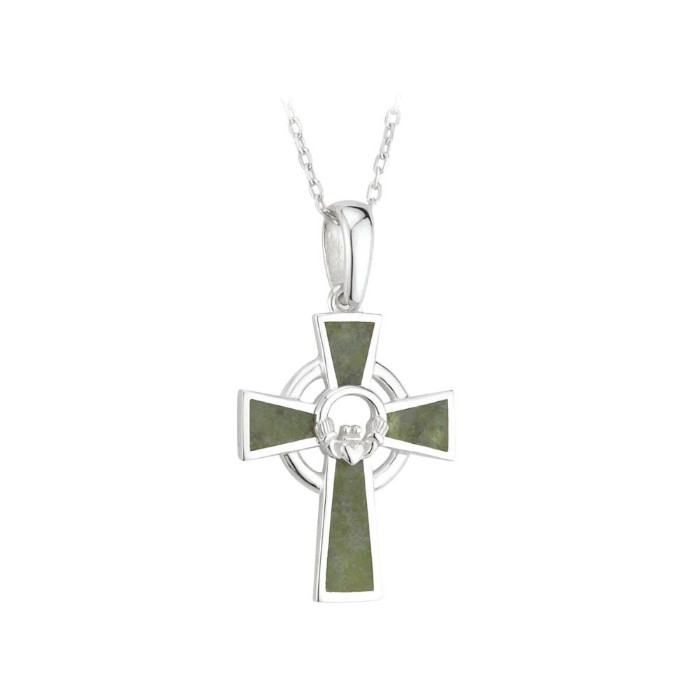 Sterling Silver and Connemara Marble Claddagh Celtic Cross