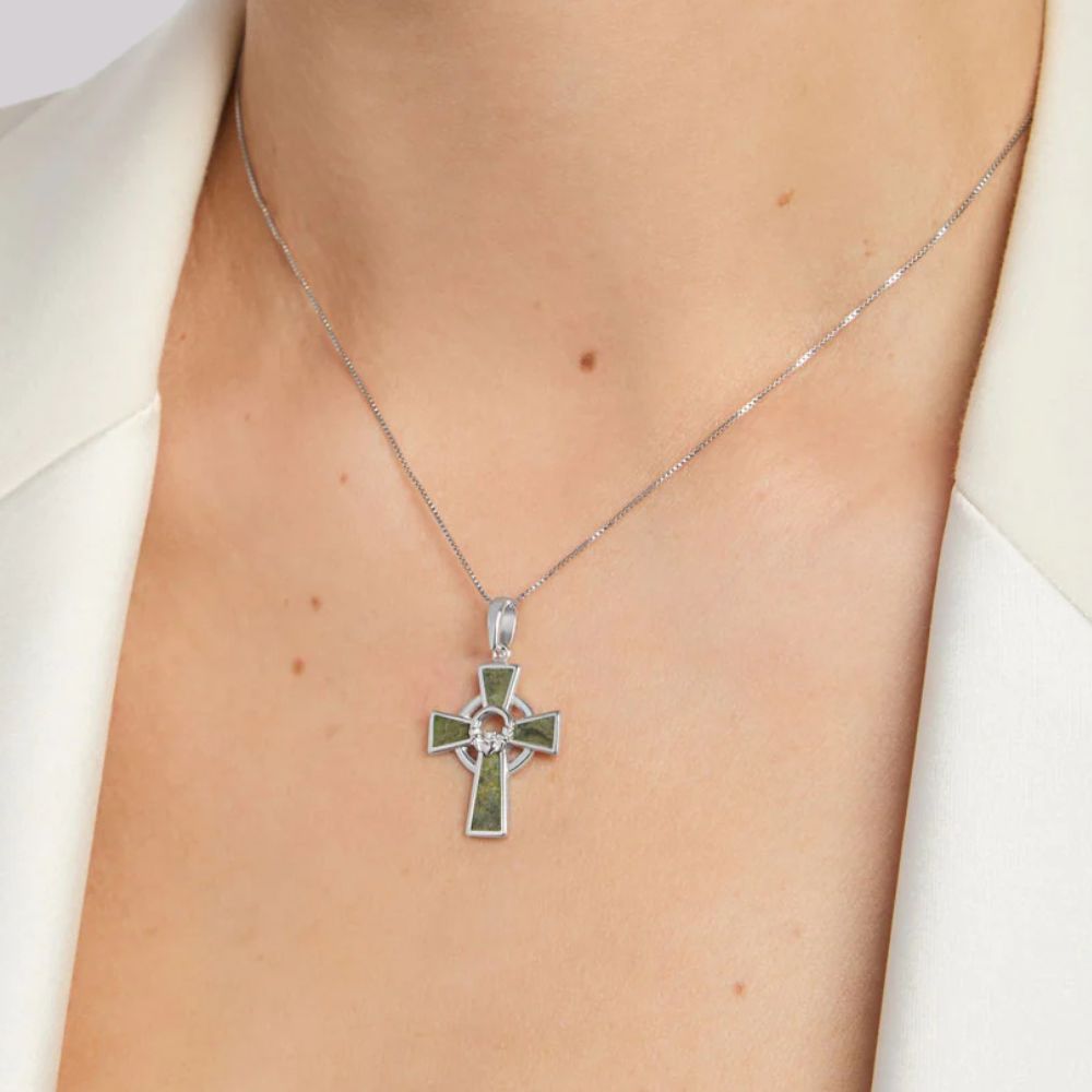Sterling Silver and Connemara Marble Claddagh Celtic Cross
