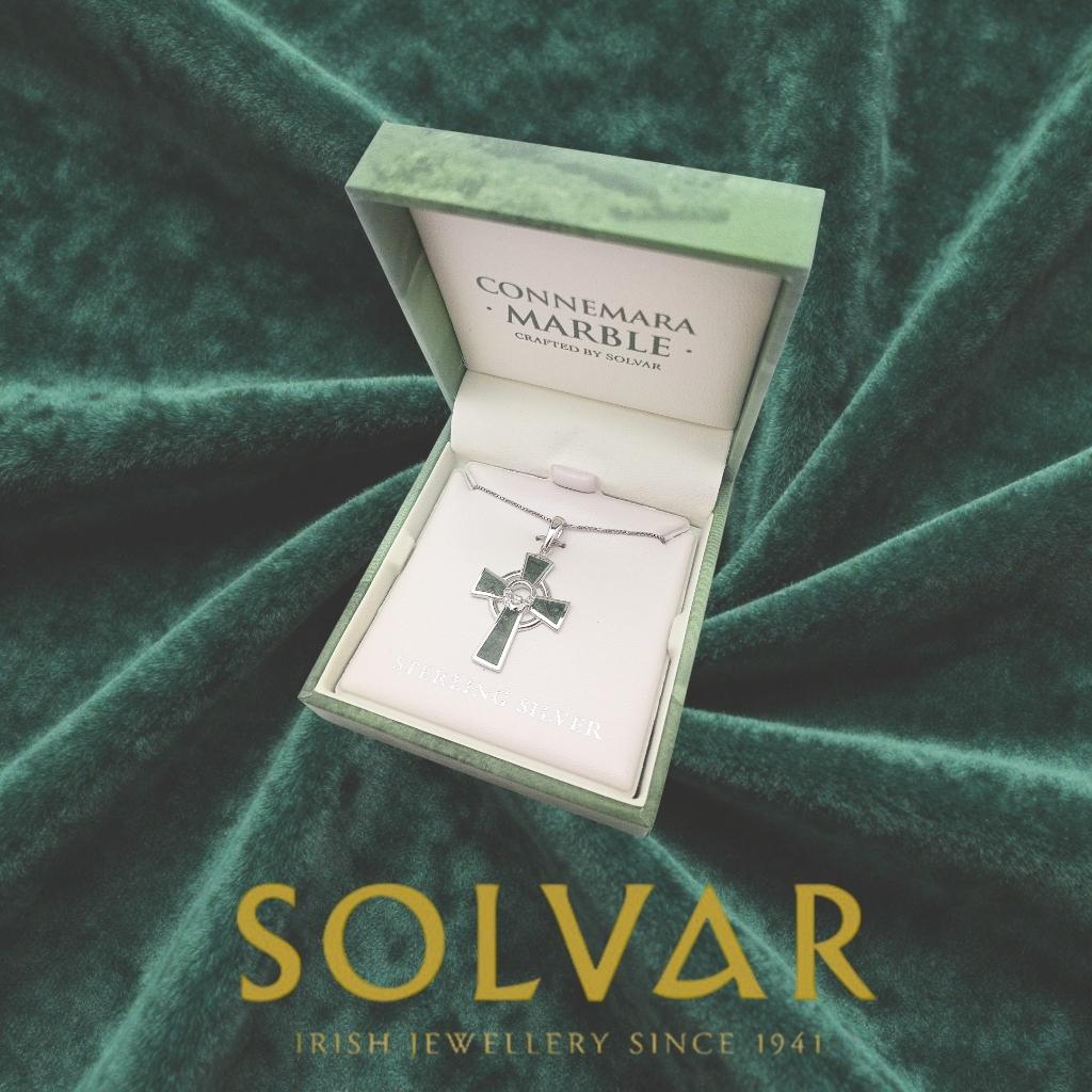 Sterling Silver and Connemara Marble Claddagh Celtic Cross