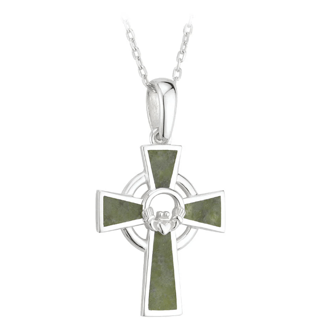 Sterling Silver and Connemara Marble Claddagh Celtic Cross - The Celtic Gift Store - Necklaces