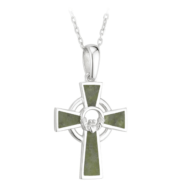 Sterling Silver and Connemara Marble Claddagh Celtic Cross - The Celtic Gift Store - Necklaces