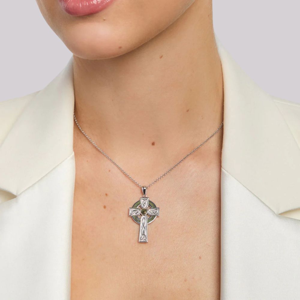 Sterling Silver and Connemara Marble Trinity Knot Celtic Cross - Large