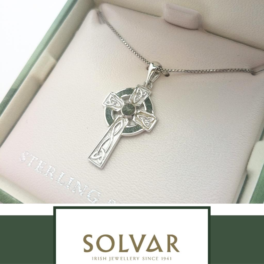 Sterling Silver and Connemara Marble Trinity Knot Celtic Cross- Small