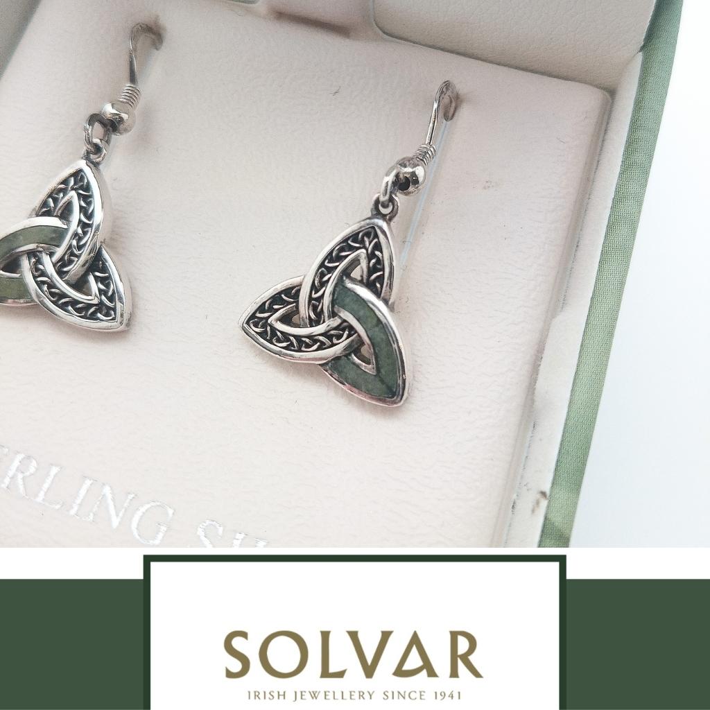 Sterling Silver and Connemara Marble Trinity Knot Drop Earrings