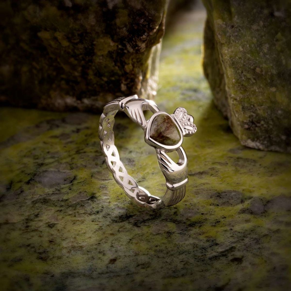 Sterling Silver and Connemara Marble Woven Claddagh Ring