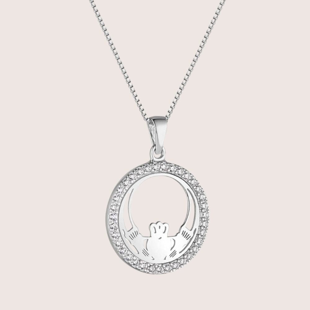 Sterling Silver And Cubic Zirconia Round Claddagh Necklace