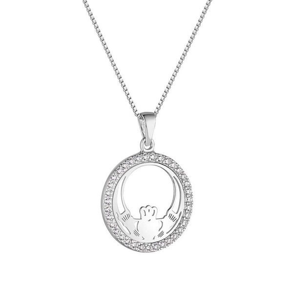 Sterling Silver and Cubic Zirconia Round Claddagh Necklace - The Celtic Gift Store - Necklaces
