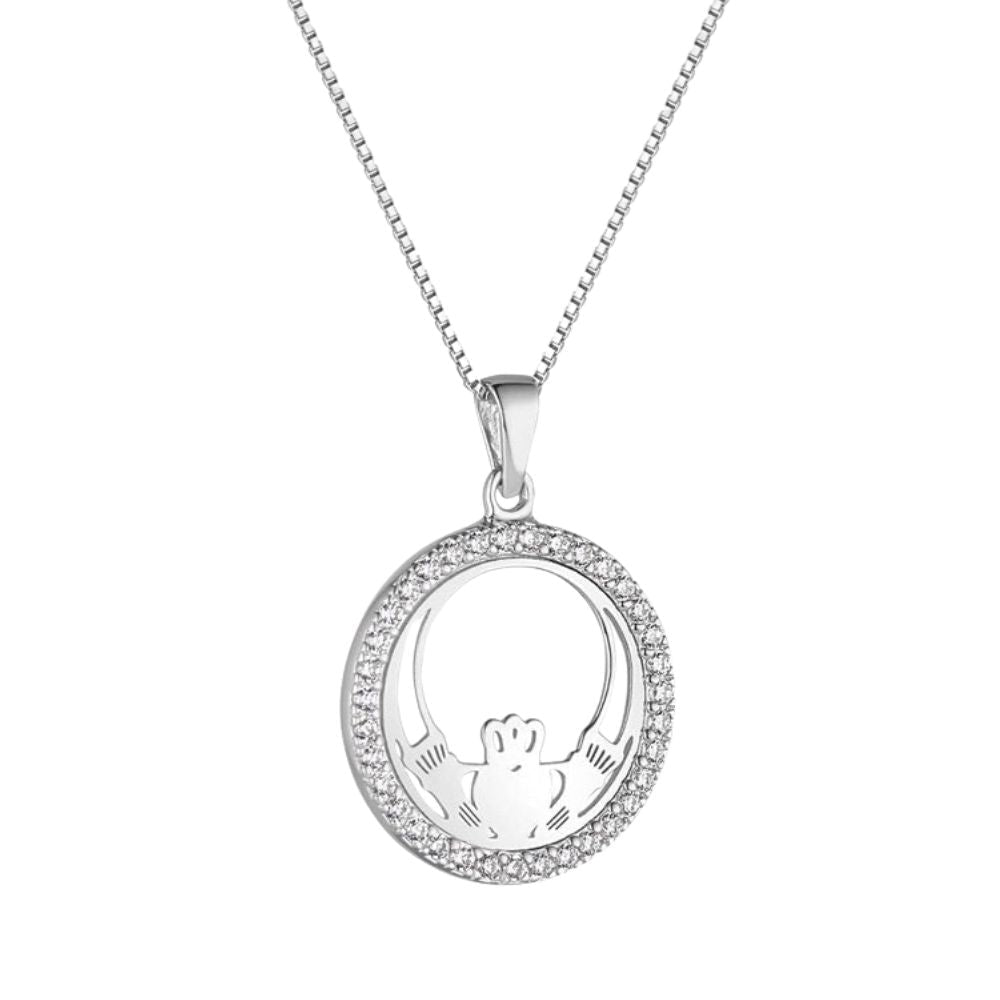 Sterling Silver and Cubic Zirconia Round Claddagh Necklace - The Celtic Gift Store - Necklaces