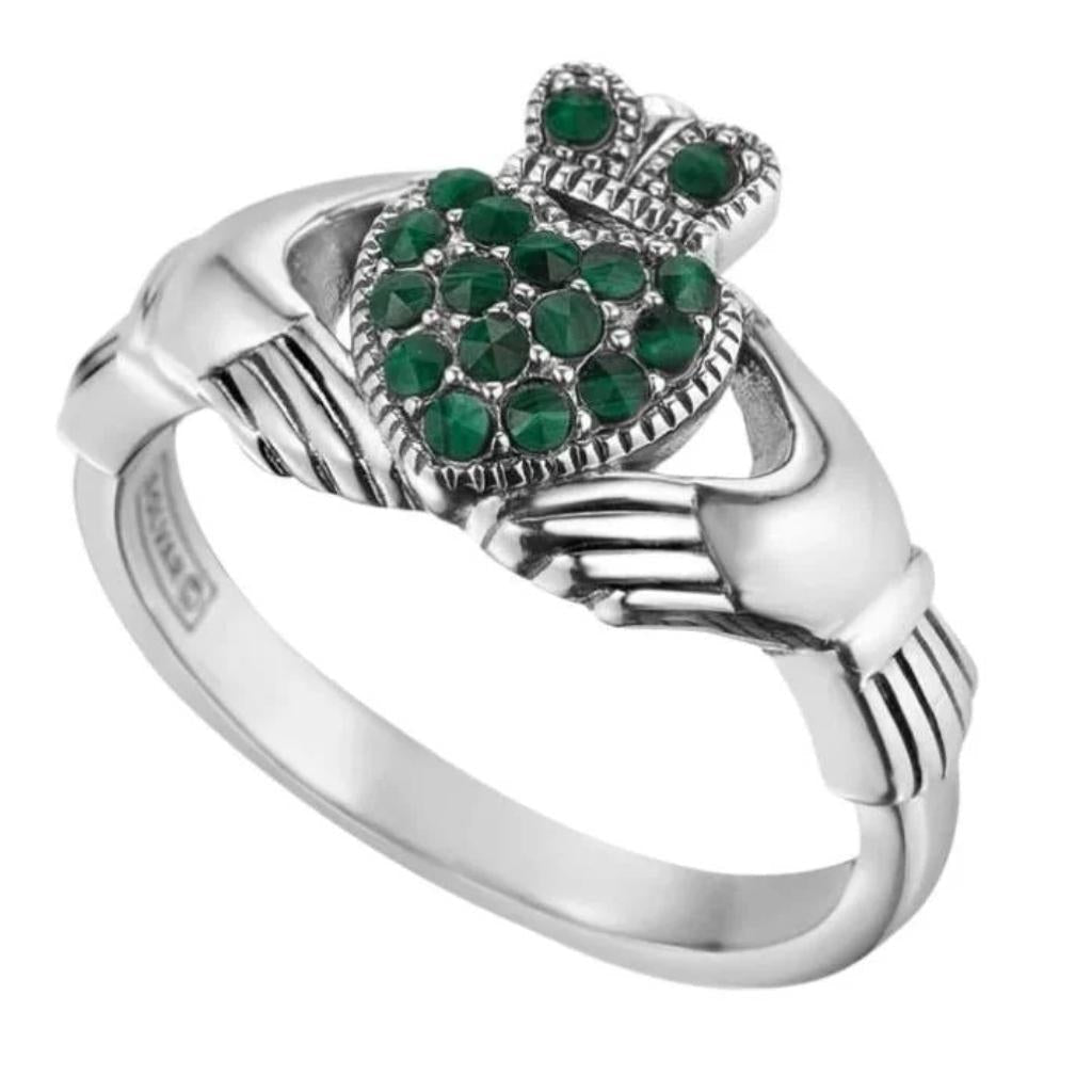 Sterling Silver and Malachite Studded Claddagh Ring
