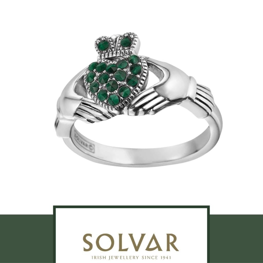 Sterling Silver and Malachite Studded Claddagh Ring