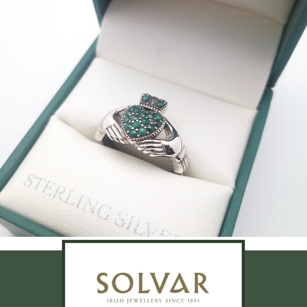 Sterling Silver and Malachite Studded Claddagh Ring