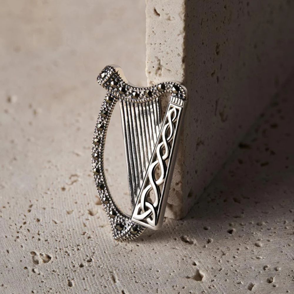 Sterling Silver and Marcasite Celtic Harp Brooch