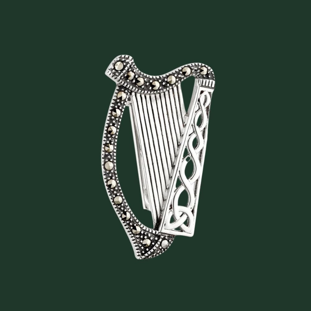 Sterling Silver and Marcasite Celtic Harp Brooch