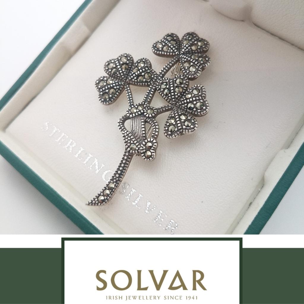 Sterling Silver and Marcasite Shamrock and Harp Brooch