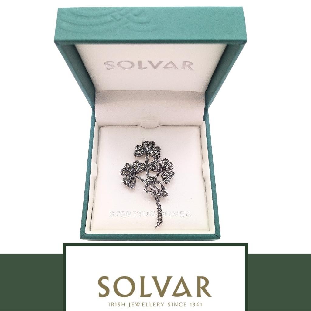 Sterling Silver and Marcasite Shamrock and Harp Brooch