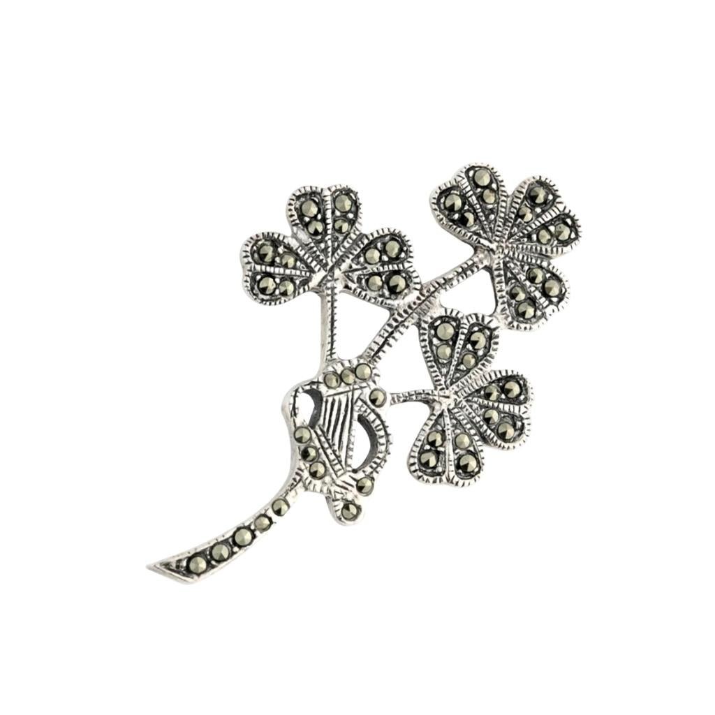 Sterling Silver and Marcasite Shamrock and Harp Brooch