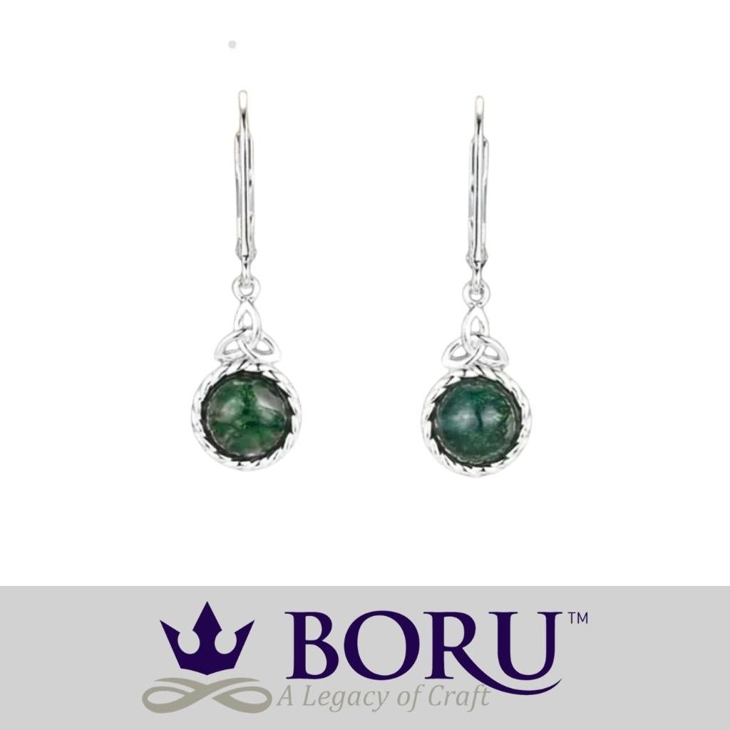 Sterling Silver and Moss Agate Trinity Knot Drop Earrings