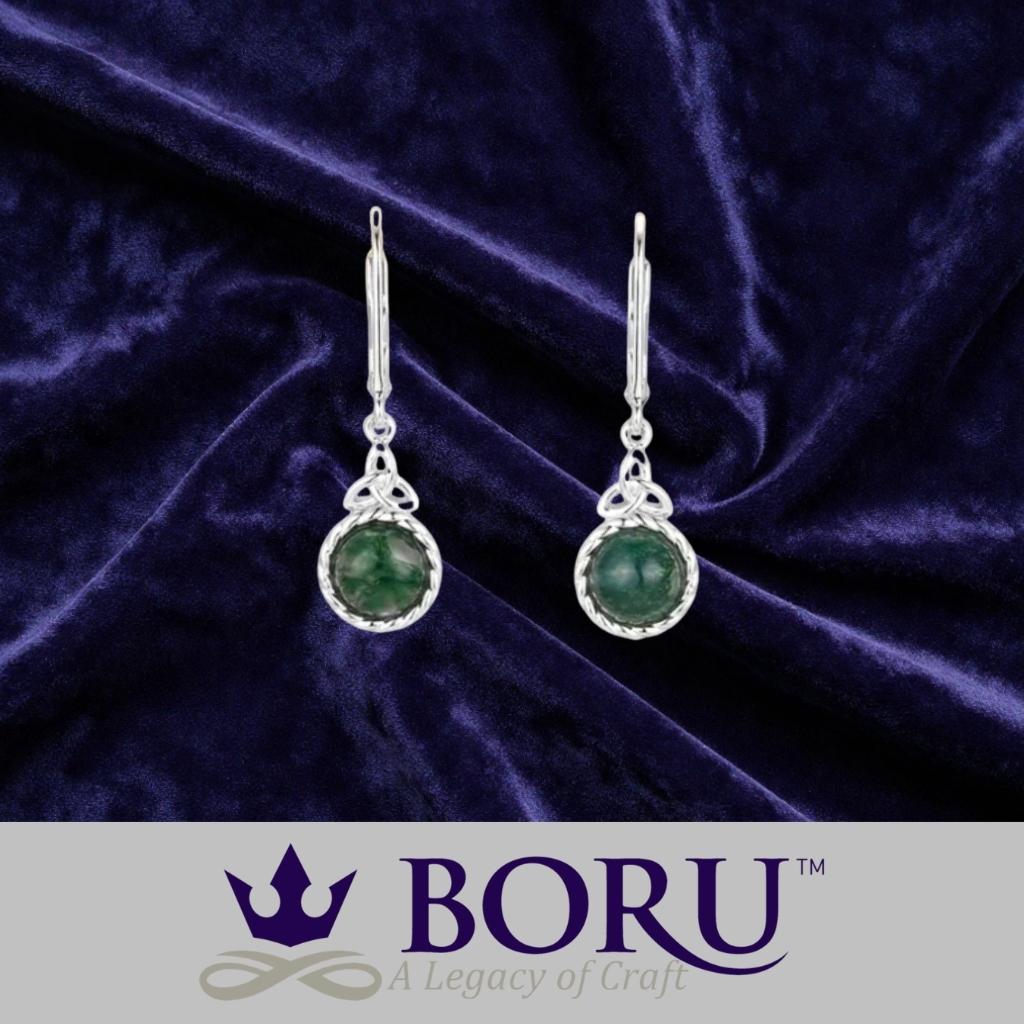Sterling Silver and Moss Agate Trinity Knot Drop Earrings