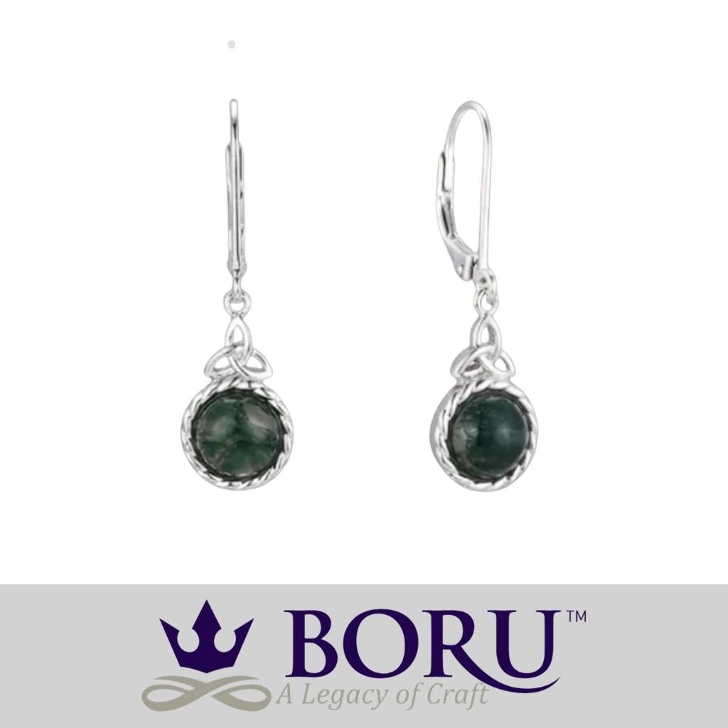 Sterling Silver and Moss Agate Trinity Knot Drop Earrings