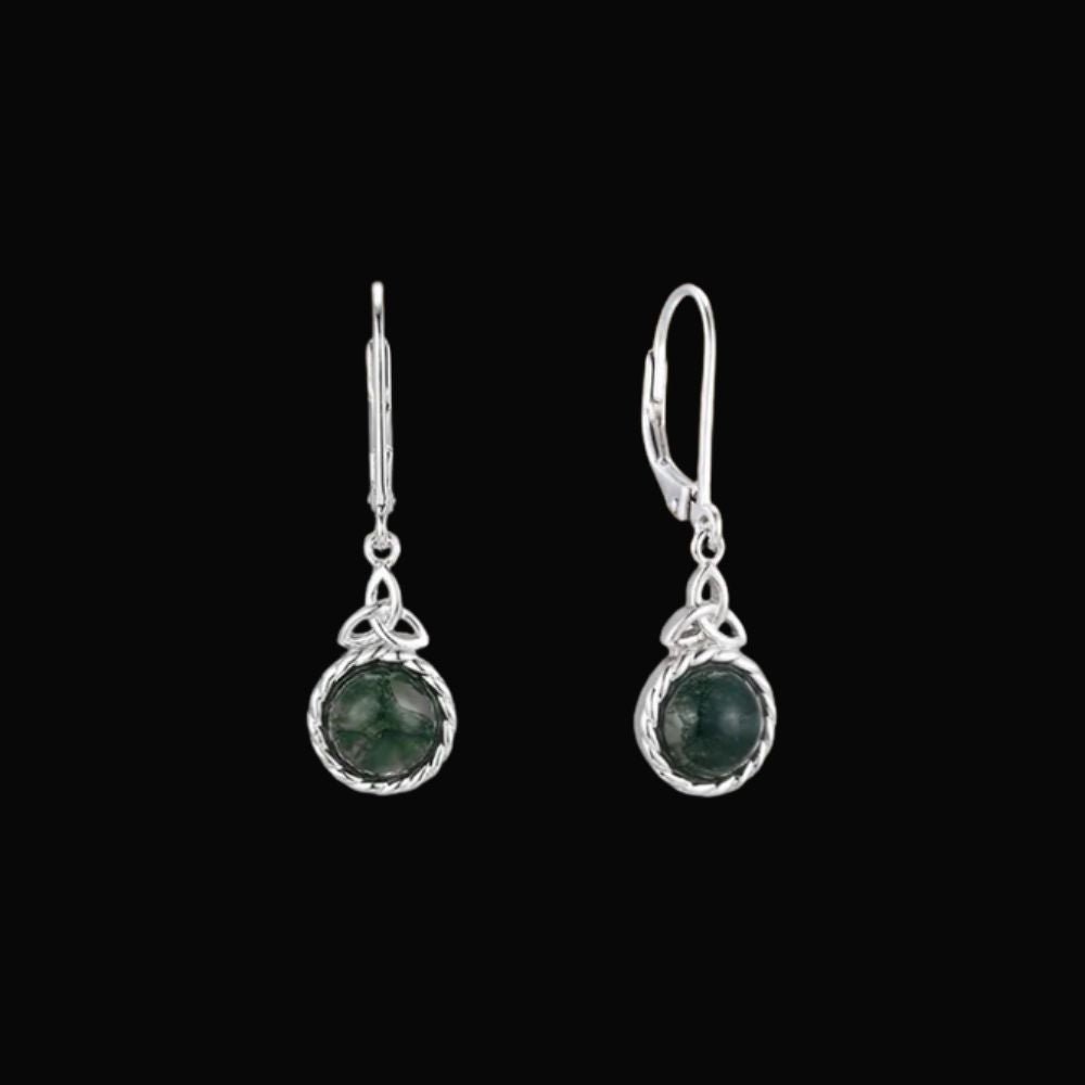 Sterling Silver and Moss Agate Trinity Knot Drop Earrings