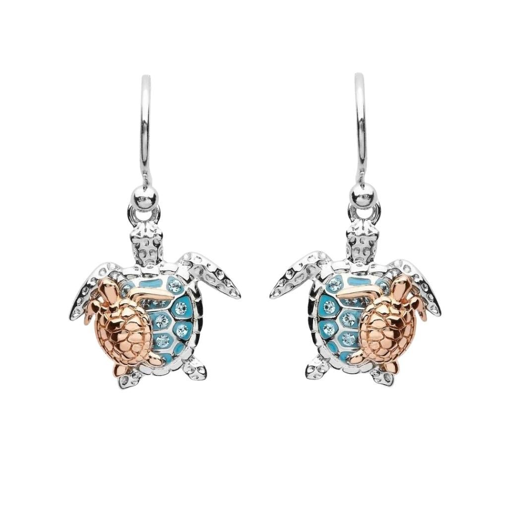 Sterling Silver and Rose Gold Mother & Baby Turtle Drop Earrings